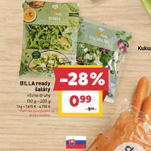 BILLA ready šaláty rôzne druhy druhy šalátov