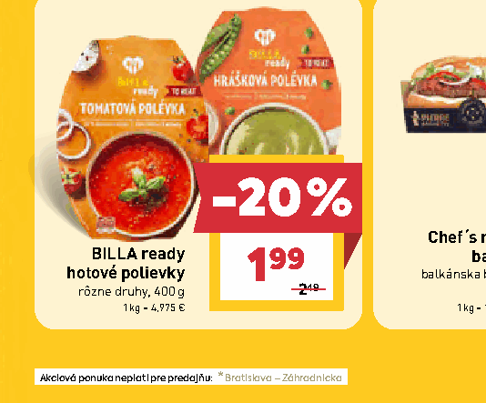BILLA ready hotové polievky rôzne druhy, 400 g