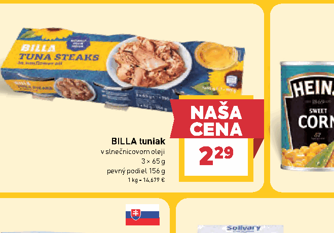 BILLA tuniak v slnečnicovom oleji pevný podiel 156 g