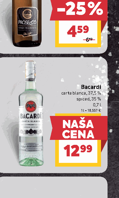 Bacardi carta blanca, 37,5 % spiced, 35 %