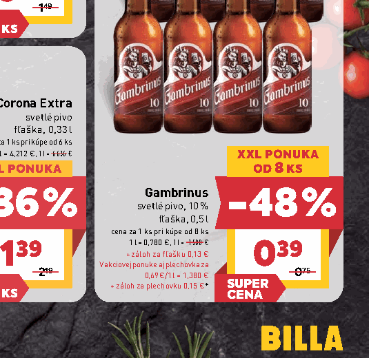 Gambrinus svetlé pivo, 10 % fľaška, 0,5 l