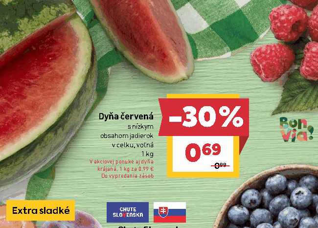 Dyňa červená s nízkym obsahom jadierok v celku, voľná krájaná, 1 kg za 0,99 €