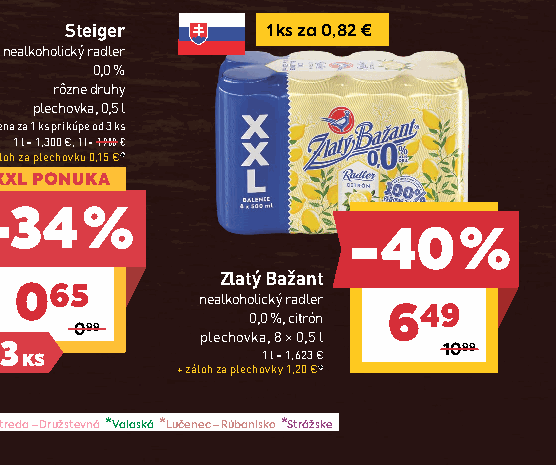 Zlatý Bažant nealkoholický radler 0,0 %, citrón plechovka, 8 × 0,5 l