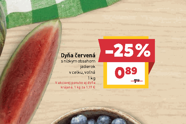 Dyňa červená s nízkym obsahom jadierok v celku, voľná krájaná, 1 kg za 1,19 €