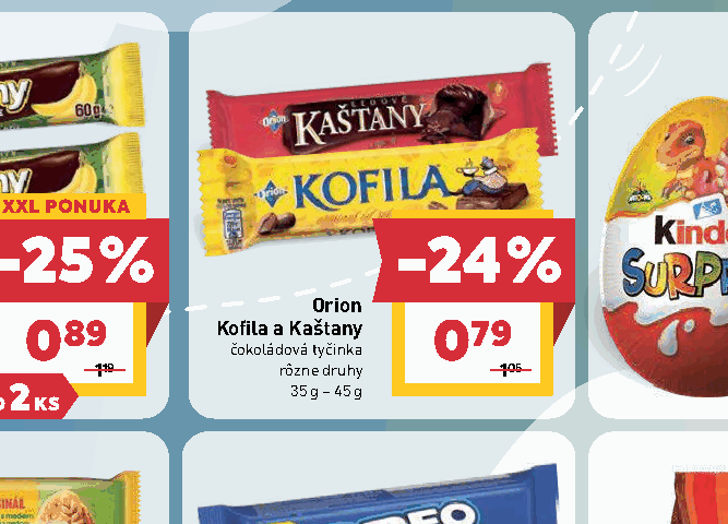 Orion Kofila a Kaštany čokoládová tyčinka rôzne druhy