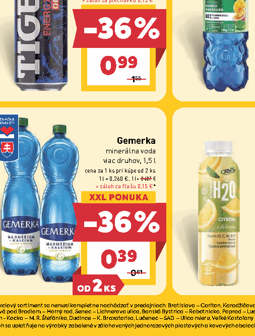 Gemerka minerálna voda viac druhov, 1,5 l