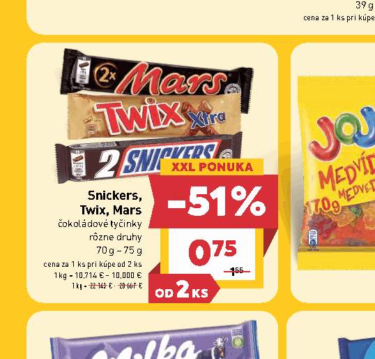 Snickers, Twix, Mars čokoládové tyčinky rôzne druhy