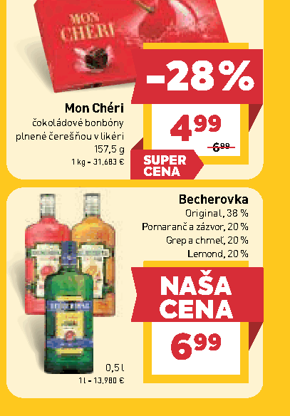 Becherovka Original, 38 % Pomaranč a zázvor, 20 % Grep a chmeľ, 20 % Lemond, 20 %