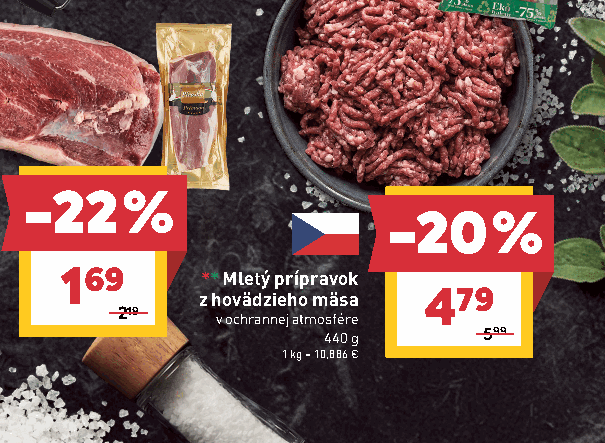 Mletý prípravok z hovädzieho mäsa v ochrannej atmosfére