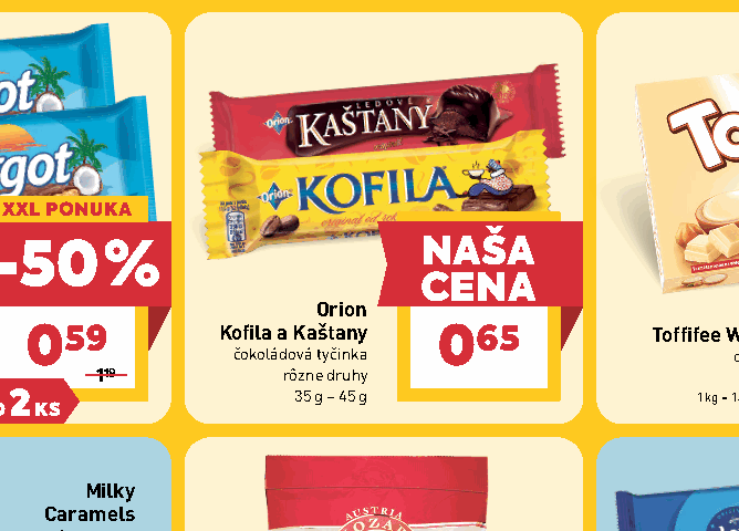 Orion Kofila a Kaštany čokoládová tyčinka rôzne druhy