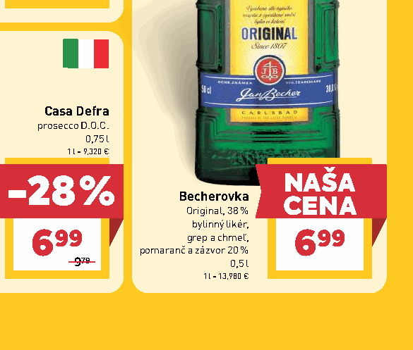 Becherovka Original, 38 % bylinný likér, grep a chmeľ, pomaranč a zázvor 20 %