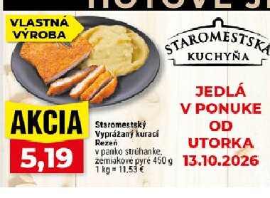 Staromestský Vyprážaný kurací Rezeň v panko strúhanke, zemiakové pyré
