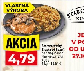 Staromestský Bravčový Rezeň so šampiňónoch, slovenská ryža