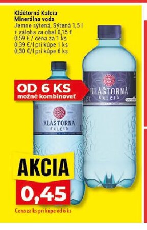 Kláštorná Kalcia Minerálna voda Jemne sýtená, Sýtená
