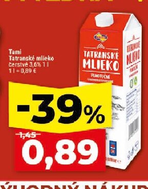 Tami Tatranské mlieko Čerstvé 3,6%