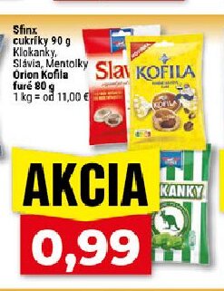 Sfinx cukríky Klokanky, Slávia, Mentolky, Orion Kofila furé