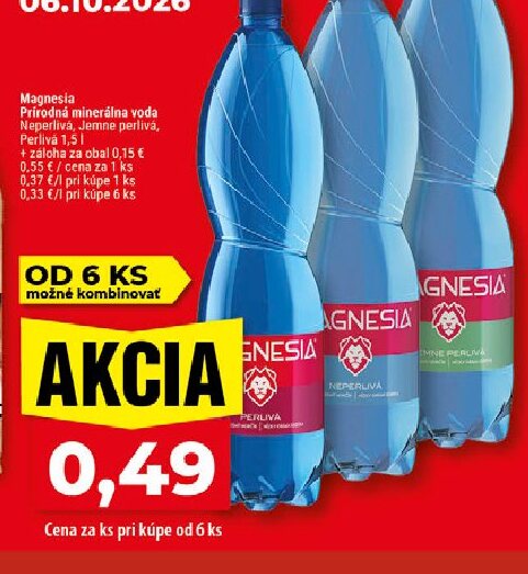 Magnesia Prírodná minerálna voda Neperlivá, Jemne perlivá, Perlivá