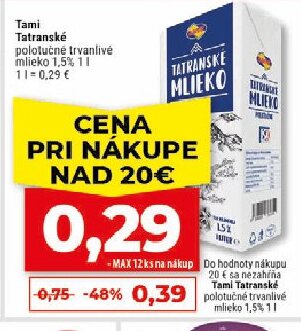 Tami Tatranské polotučné trvanlivé mlieko 1,5%