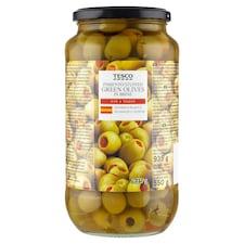 Tesco Zelené olivy plnené paprikovou pastou v slanom náleve 935 g