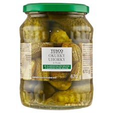 Tesco Uhorky 6-9 cm v sladkokyslom náleve 670 g
