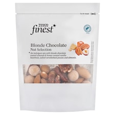 Tesco Finest Zmes solených karamelizovaných jadier v bielej čokoláde s karamelom 150 g