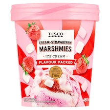 Tesco Smotanový mrazený krém jahodový a smotanový s jahodovou omáčkou a marshmallows 460 ml