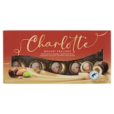 Charlotte Mozart Pralines pralinky v horkej a mliečnej čokoláde, s lieskovoorieškovým nugátom 200 g