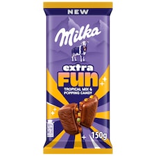 Milka Tropical mliečna čokoláda s tropickým ovocím, kúskami želé a praskajúcimi perlami 150 g